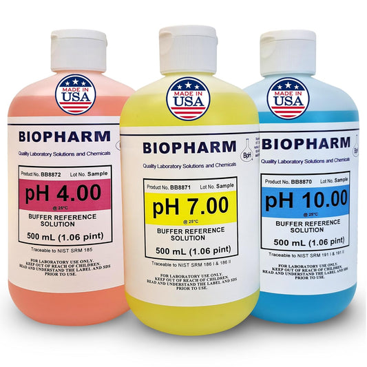 Three bottles of Biopharm pH buffer reference solutions on a white background