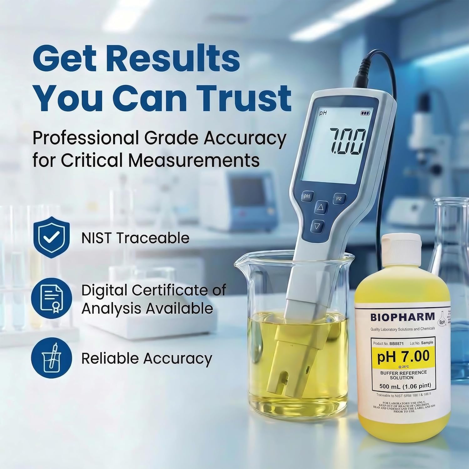 pH meter with beaker and solution in a laboratory setting, emphasizing professional grade accuracy.