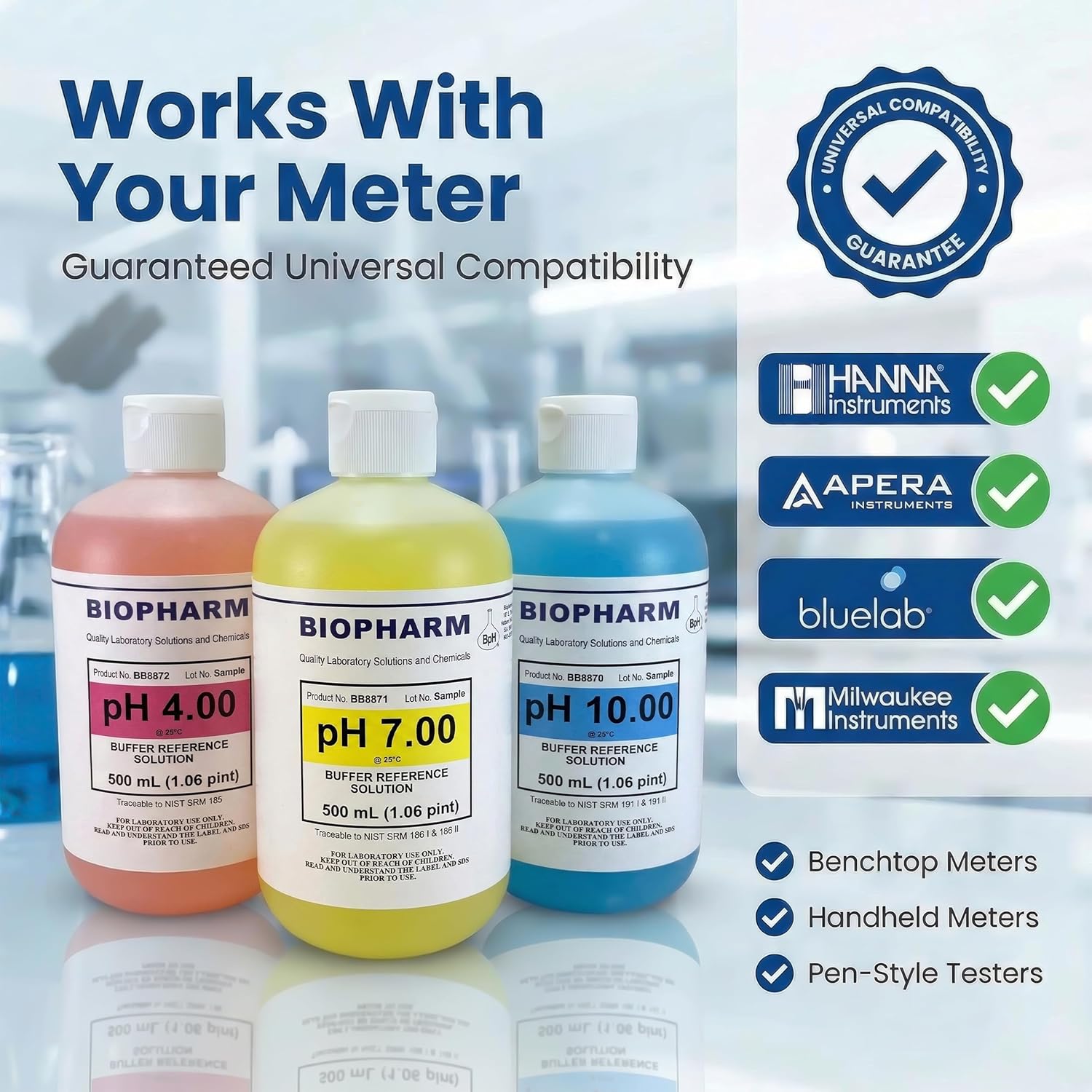 Three Biopharm pH buffer solution bottles with compatibility logos for various meters on a reflective surface.