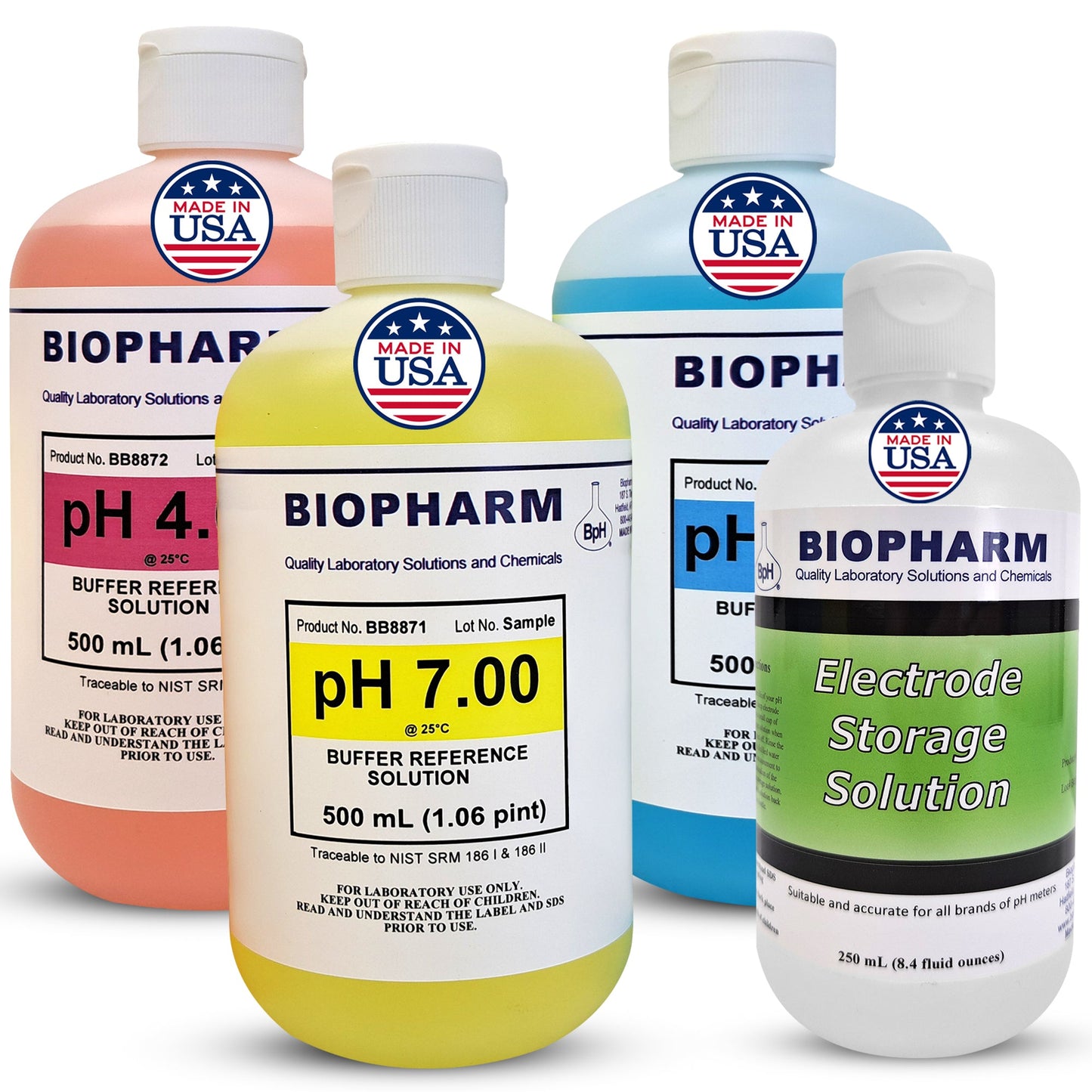 Four bottles of Biopharm pH buffer reference solutions on a white background