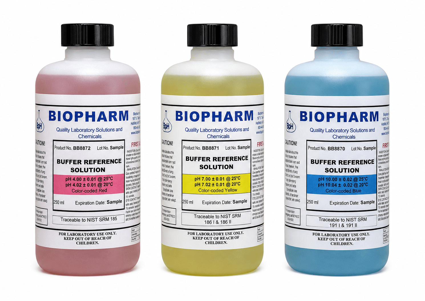 Three bottles of BIOPHARM Buffer Reference Solution displayed side-by-side against a white background, showing pink, yellow, and blue liquid solutions in 250 ml bottles with black caps.