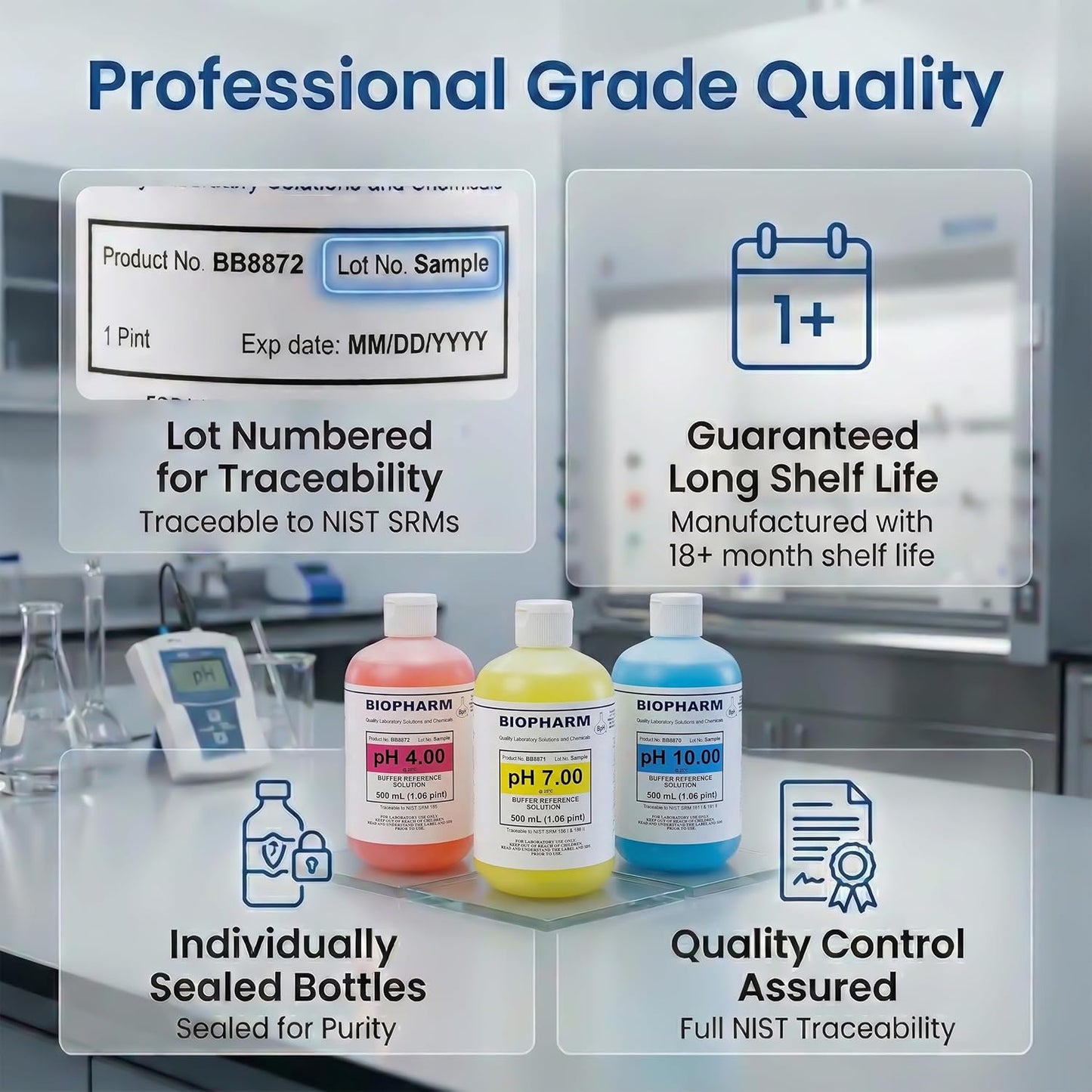 BIOPHARM pH calibration solutions with lab equipment in the background, emphasizing professional grade quality.
