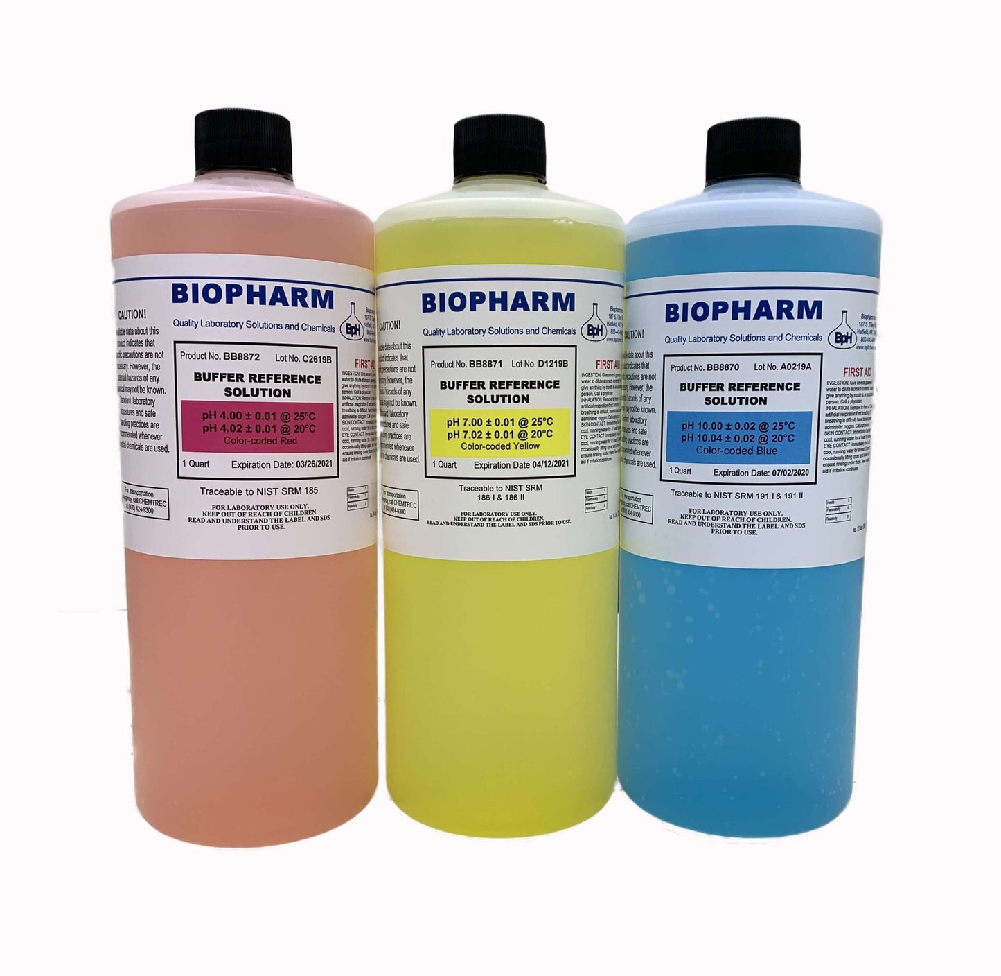 Three bottles of Biopharm buffer reference solution in pink, yellow, and blue on a white background.