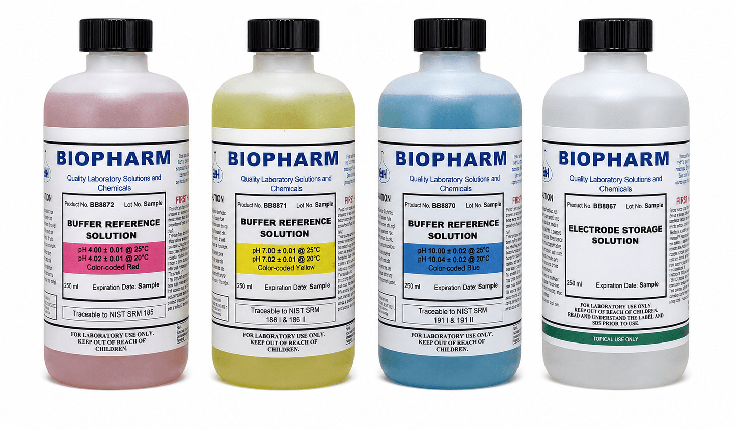 Four bottles of Biopharm laboratory solutions arranged side by side on a white background. The bottles contain pink, yellow, blue, and white liquids, with black caps and white labels featuring blue 'BIOPHARM' branding and colored accent bands.