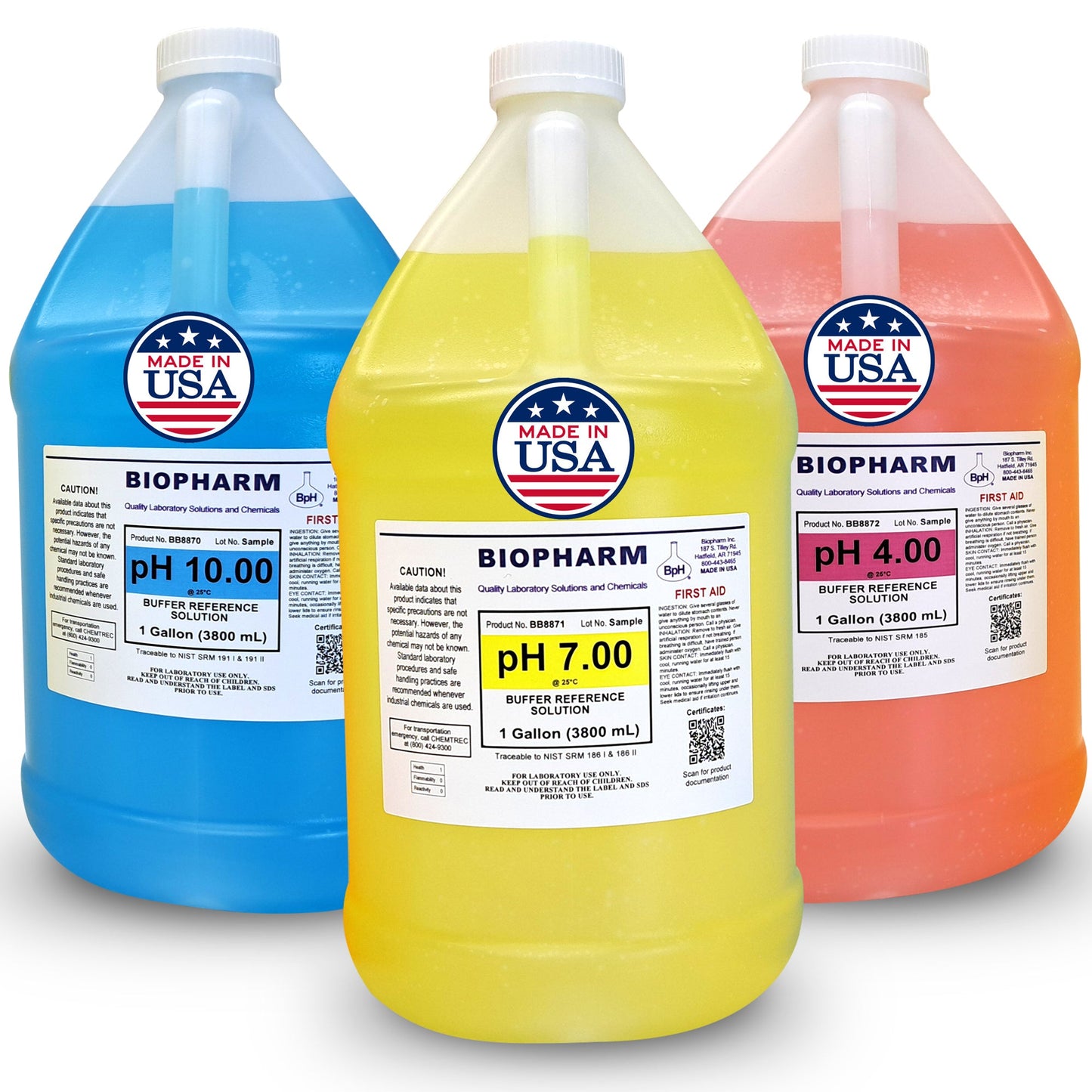 Three bottles of Biopharm pH buffer solutions in blue, yellow, and orange on a white background.