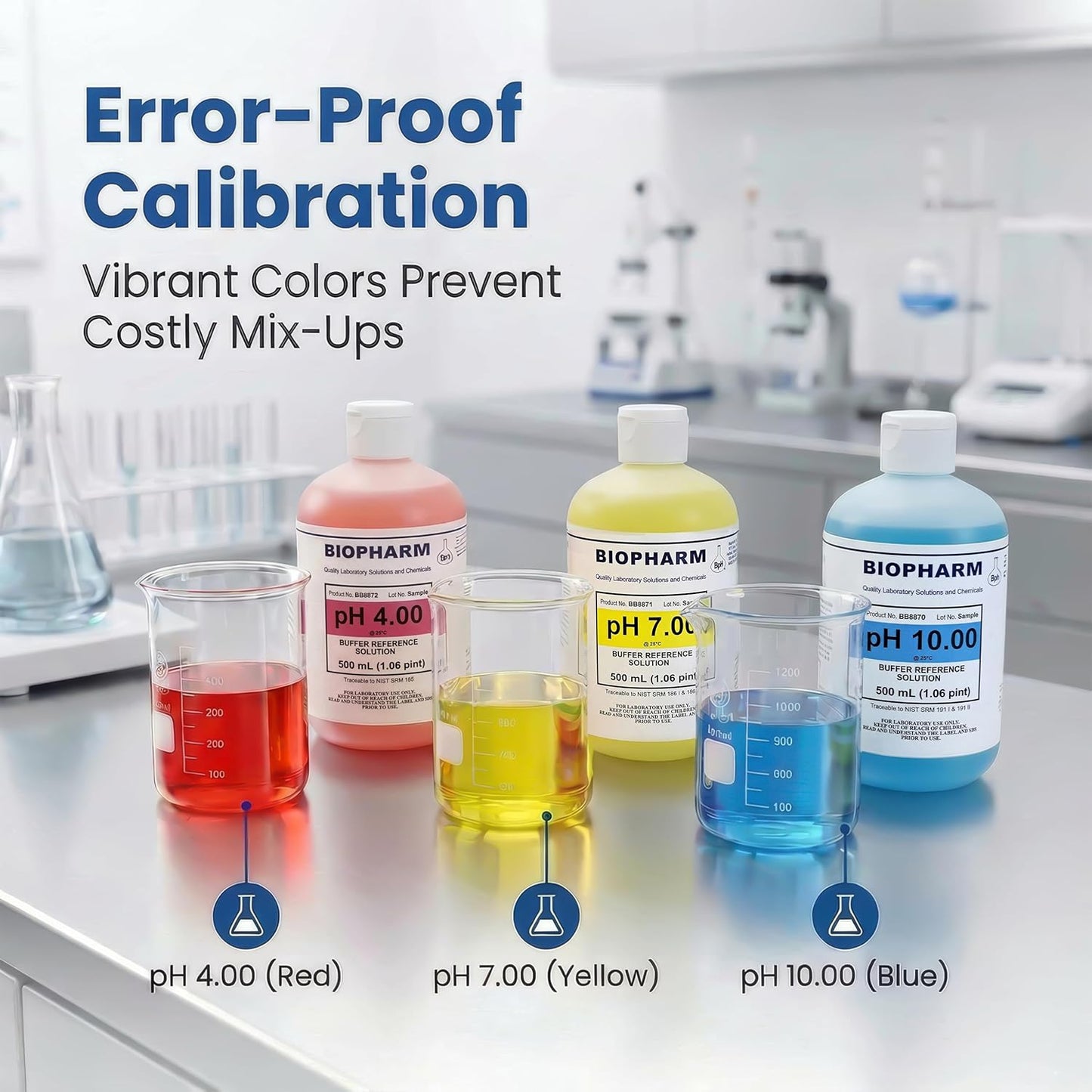 BIOPHARM pH calibration solutions in red, yellow, and blue with beakers on a laboratory counter.