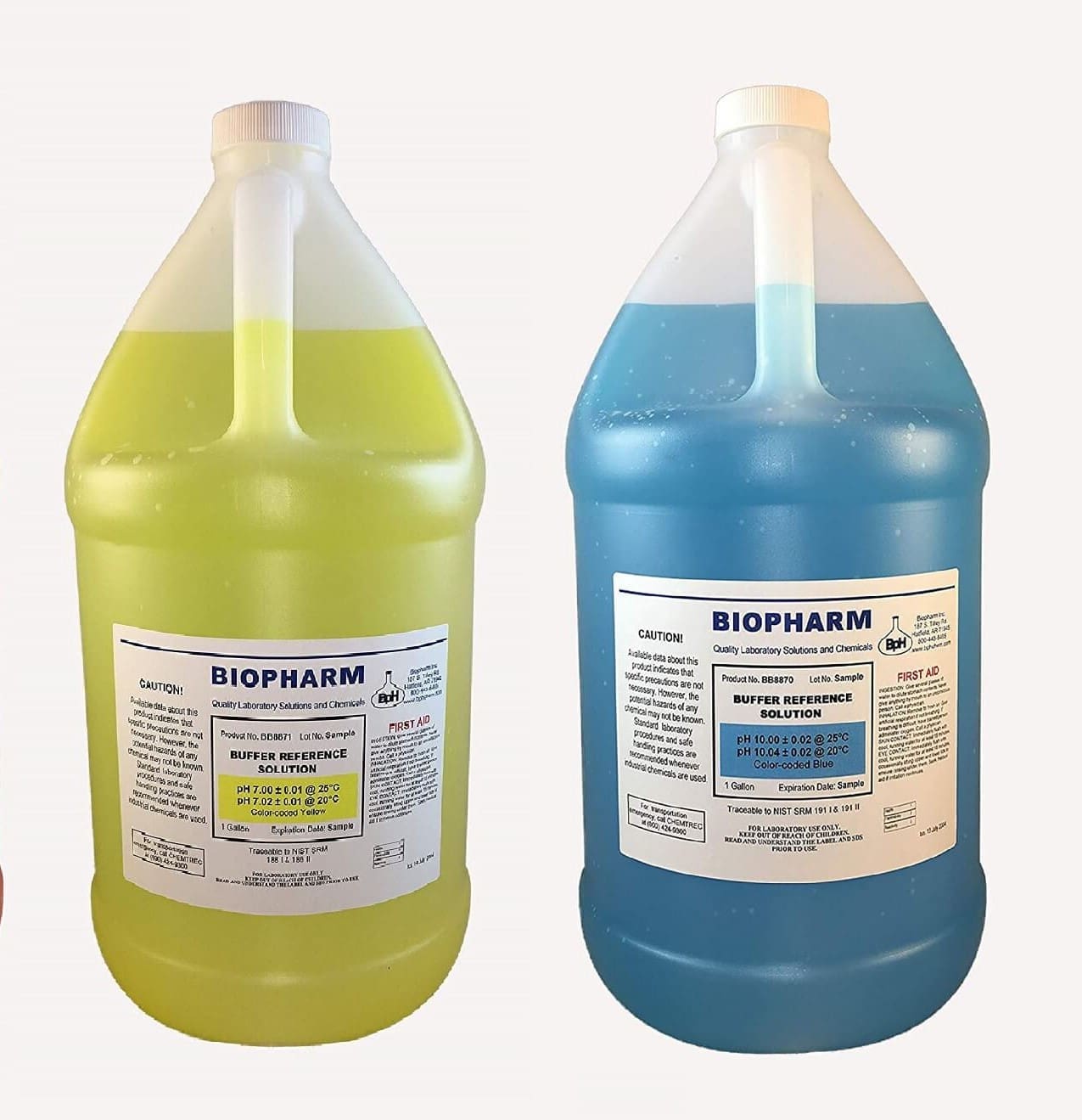 Two gallon-sized bottles of Biopharm liquid, one green and one blue, on a white background.