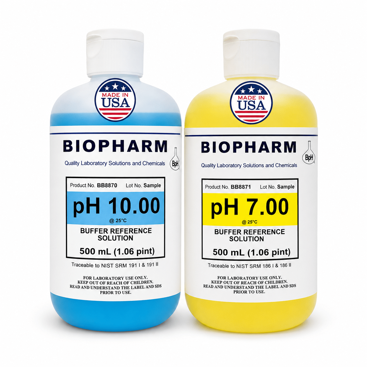 Two bottles of Biopharm pH buffer reference solutions, one blue and one yellow, on a white background.