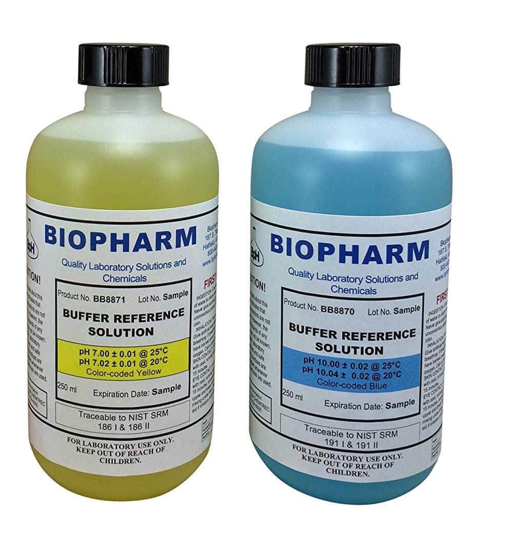 Two bottles of Biopharm Buffer Reference Solution on a white background