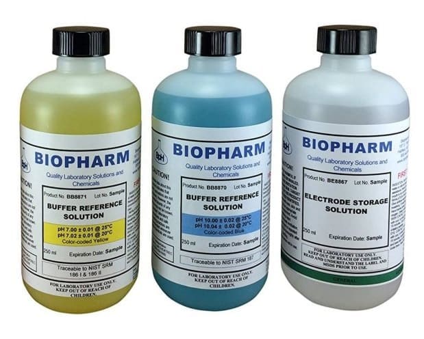 Three Biopharm laboratory solution bottles on a white background