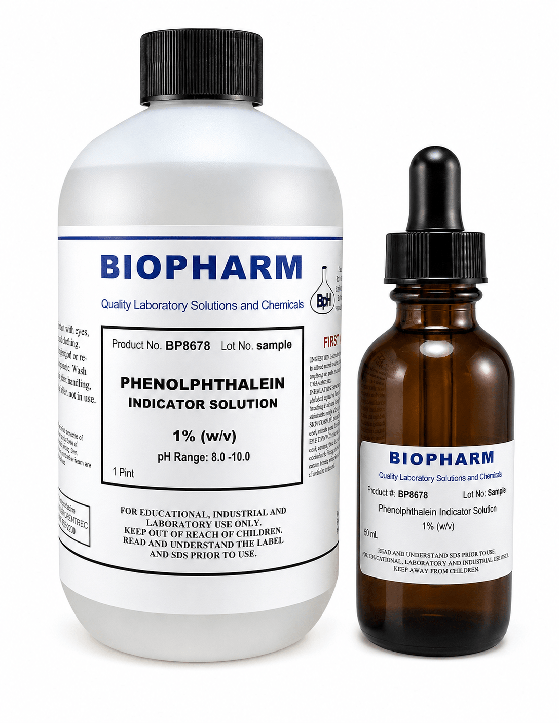 Two Biopharm laboratory solution bottles on a white background