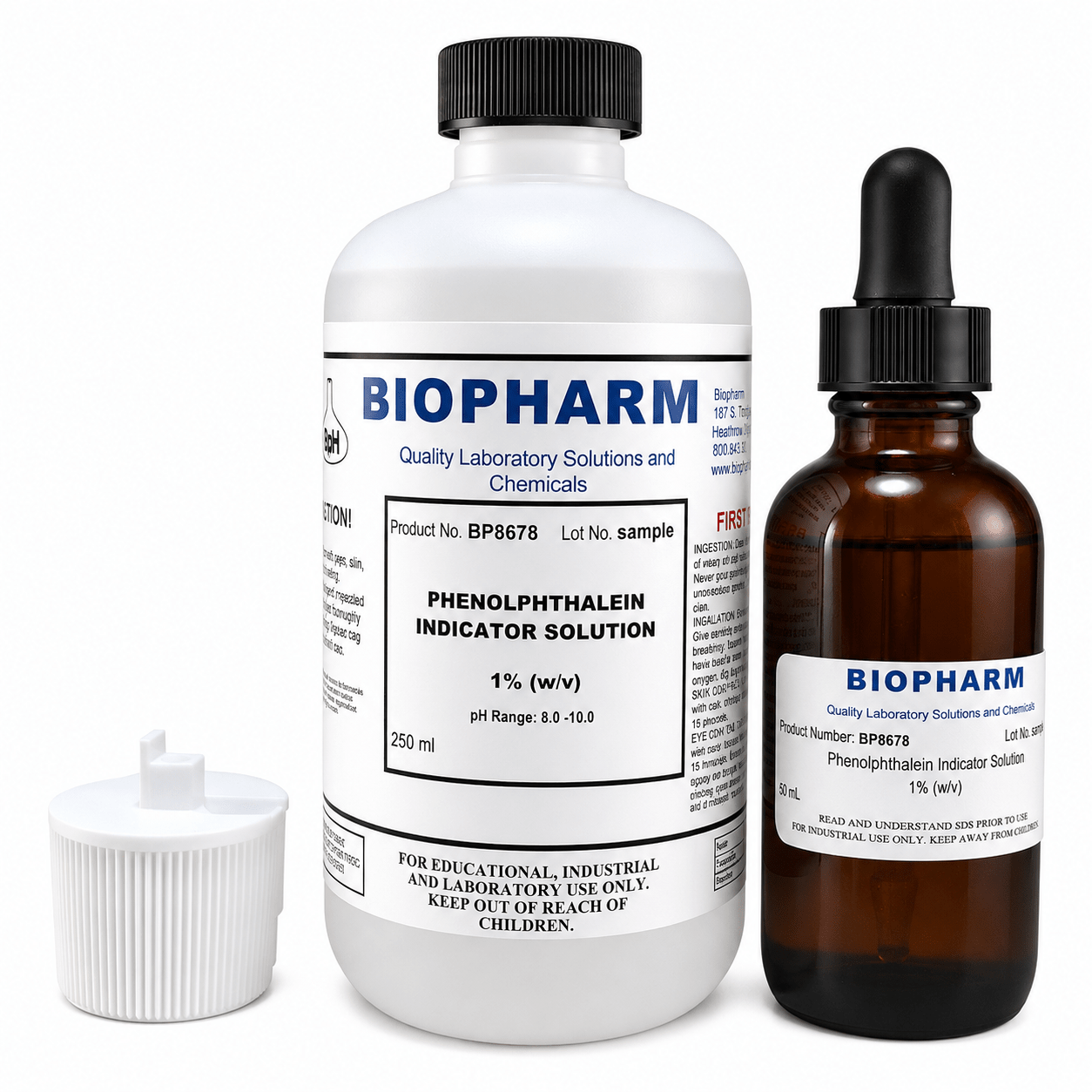 Biopharm laboratory solution bottles with labels on a white background