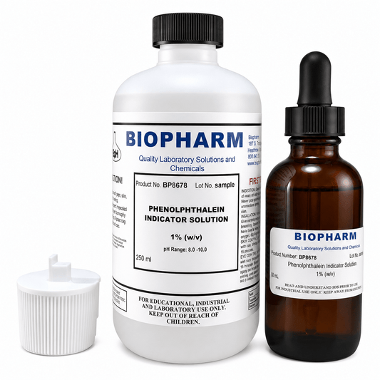 Biopharm laboratory solution bottles with labels on a white background