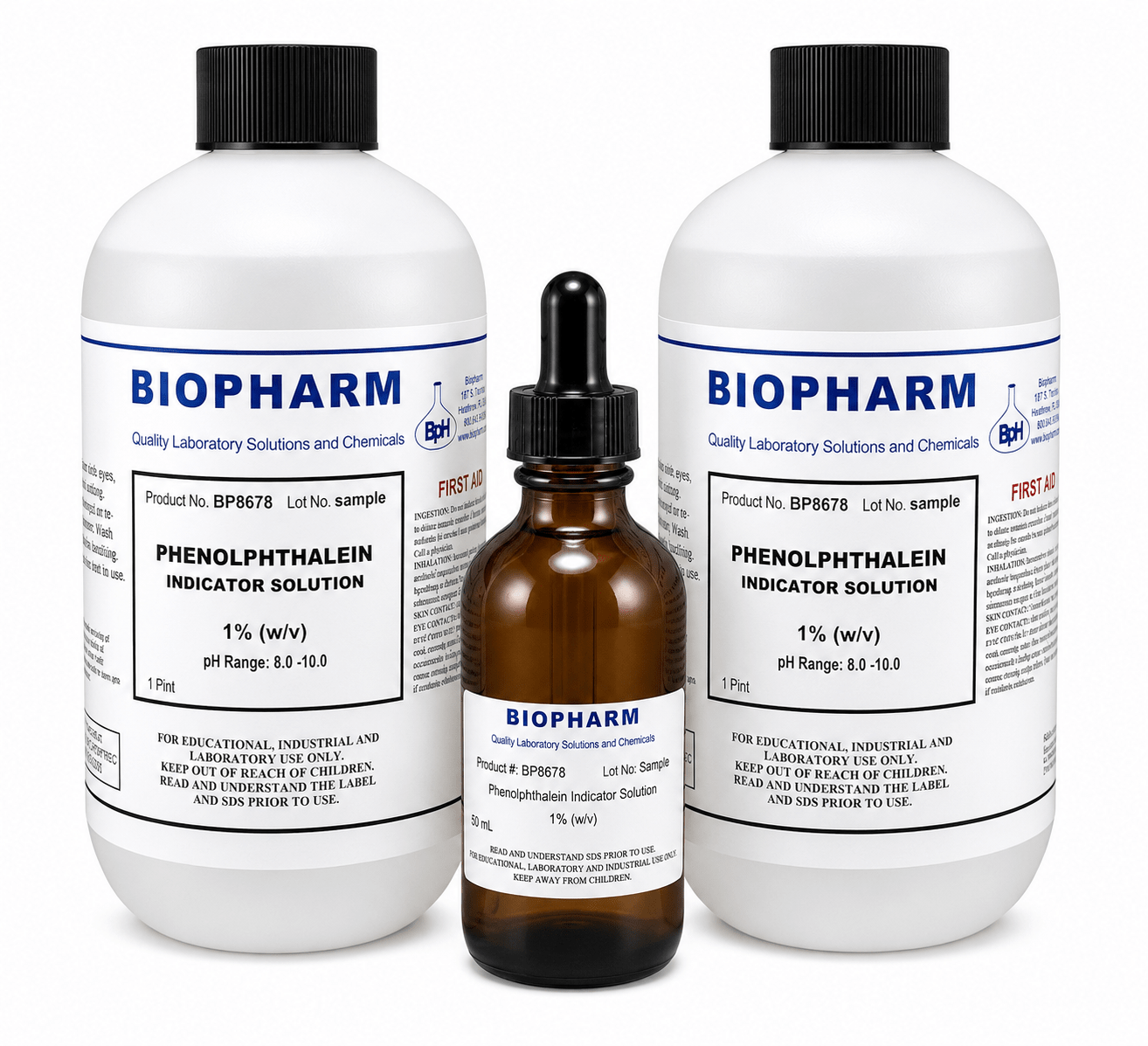 Two large white bottles of BIOPHARM Phenolphthalein Indicator Solution and one smaller amber glass dropper bottle, all on a clean white background.