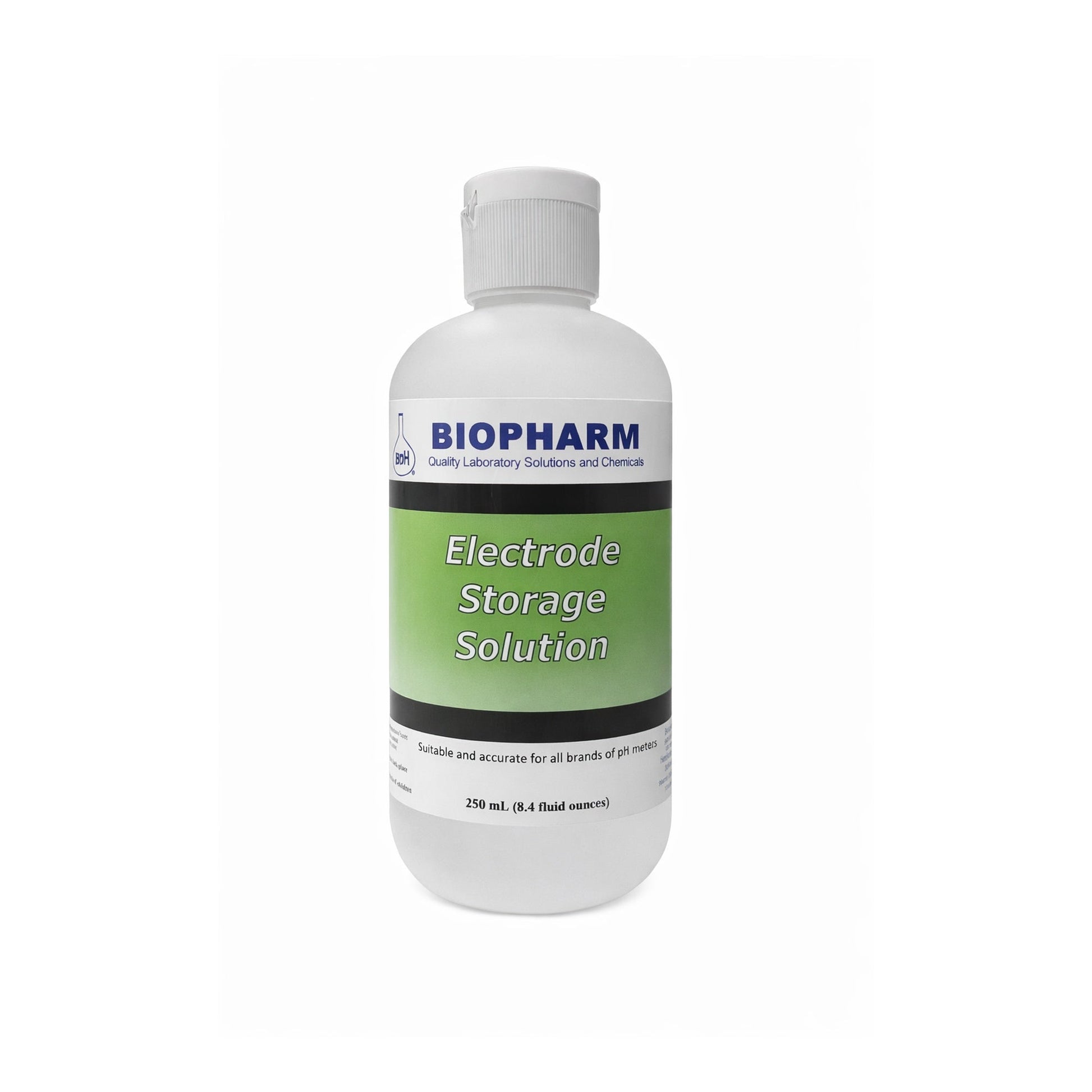 A white plastic bottle of BIOPHARM Electrode Storage Solution with a green and white label, set against a plain white background.