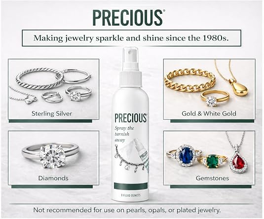 Advertisement for 'Precious' jewelry cleaner with images of different types of jewelry and the product bottle.