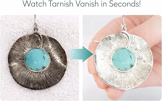 Earring with tarnish before and after cleaning, showing turquoise stone and silver frame.
