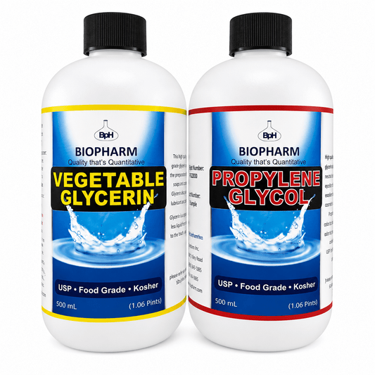 Two bottles of Biopharm Vegetable Glycerin and Propylene Glycol on a white background